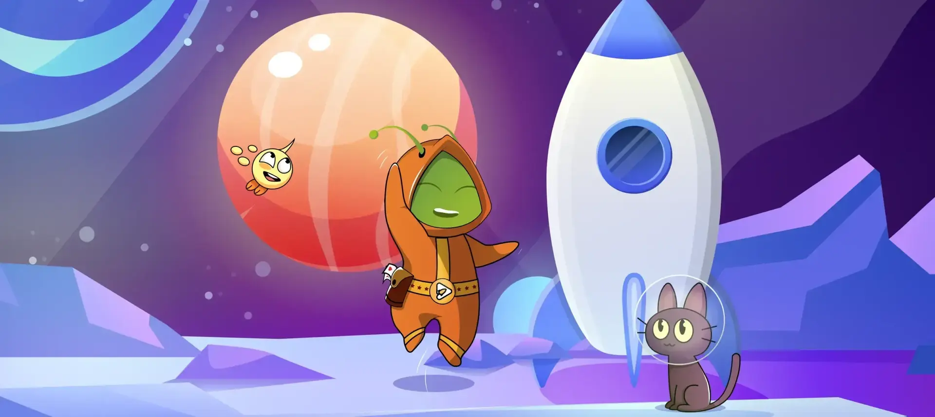 Aussie Play mascots: the alien in an orange suit and the space cat next to a rocket