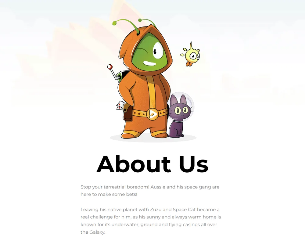 Official Aussie Play About Us page with Aussie, Zuzu and Space Cat