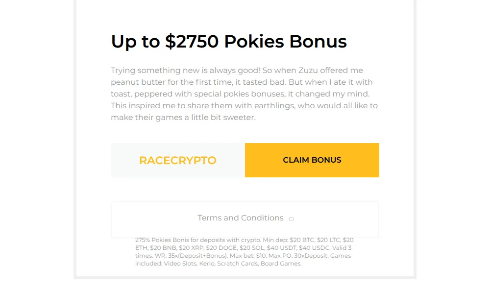 RACECRYPTO crypto bonus terms on the Aussie Play special offers page