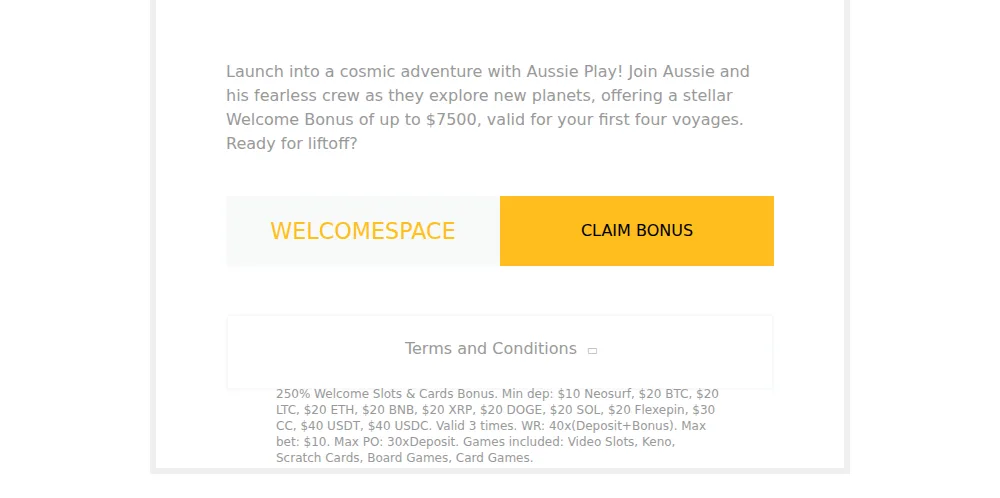 WELCOMESPACE welcome bonus terms with the minimum deposit for each method