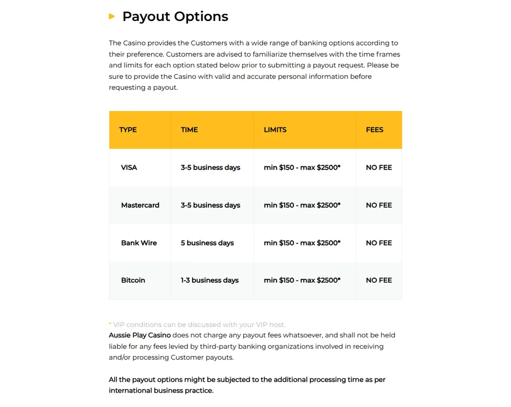 Aussie Play banking page: payout options and limits