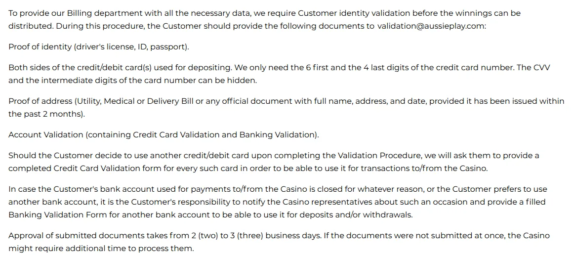 Aussie Play terms on verification documents