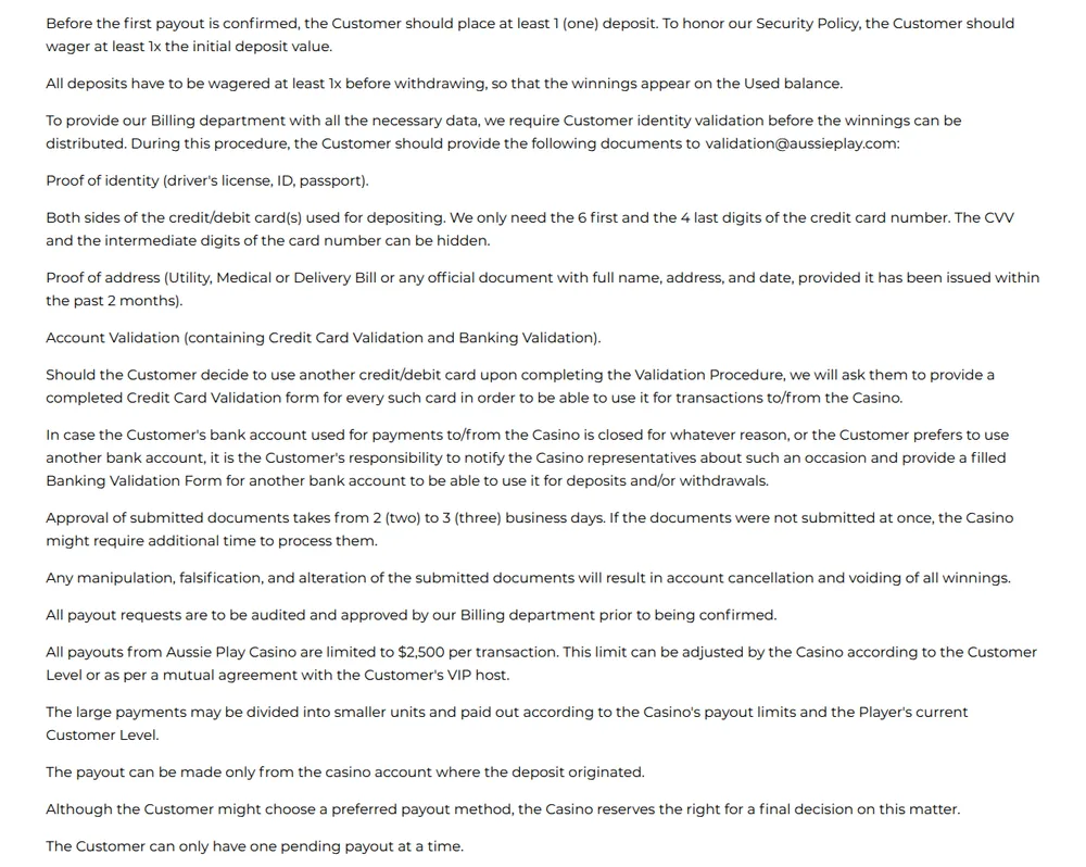 Payout rules in the Aussie Play terms and conditions